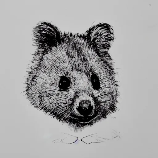 Image similar to portrait of a happy quokka, mcu, drawn with a single line, line drawing, art, minimalist, continuous line drawing, sakura pigma micron, white background, negative space,