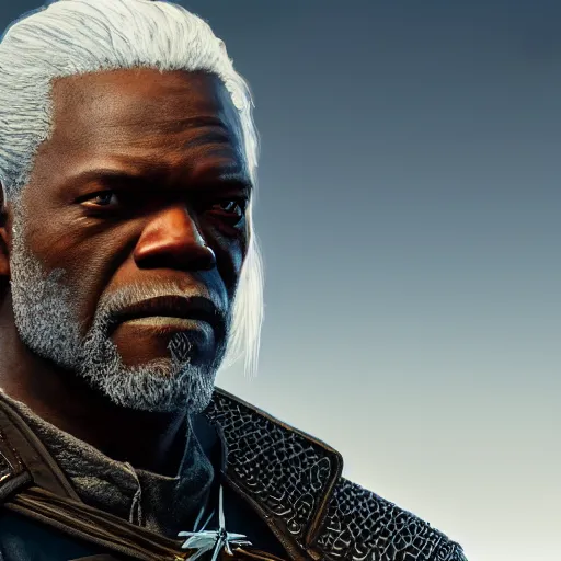 Image similar to closeup portrait of samuel jackson as geralt in the witcher, city background, dramatic light, gorgeous view, depth, high detail, digital art, concept art painted by greg rutkowski and seb mckinnon, neuromancer, trending on artstation