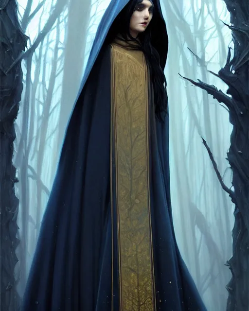 Prompt: wizard the sandman, long black hair blue wearing cloth mantle gothic navy cloak with gold details, tree town, fantasy character portrait, ultra realistic, intricate, elegant, cinematic lighting, highly detailed, digital painting, artstation, smooth, sharp, focus, illustration, art by artgerm and greg rutkowski and alphonse mucha