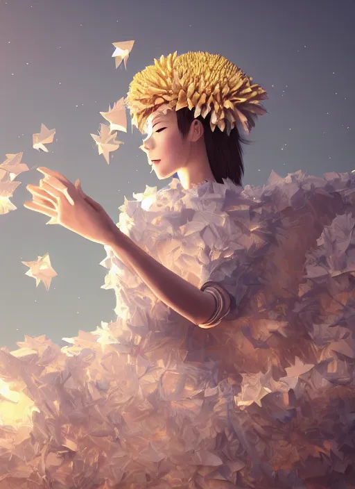 Image similar to background edge of space with puffy clouds are dusk, anthropomorphic paper woman wrapped in a flowing couture tissue paper, paper chrysanthemums, many origami stars, eery light, 3 d, very detailed, octane render, trending artstation, trending cgisociety, artgem