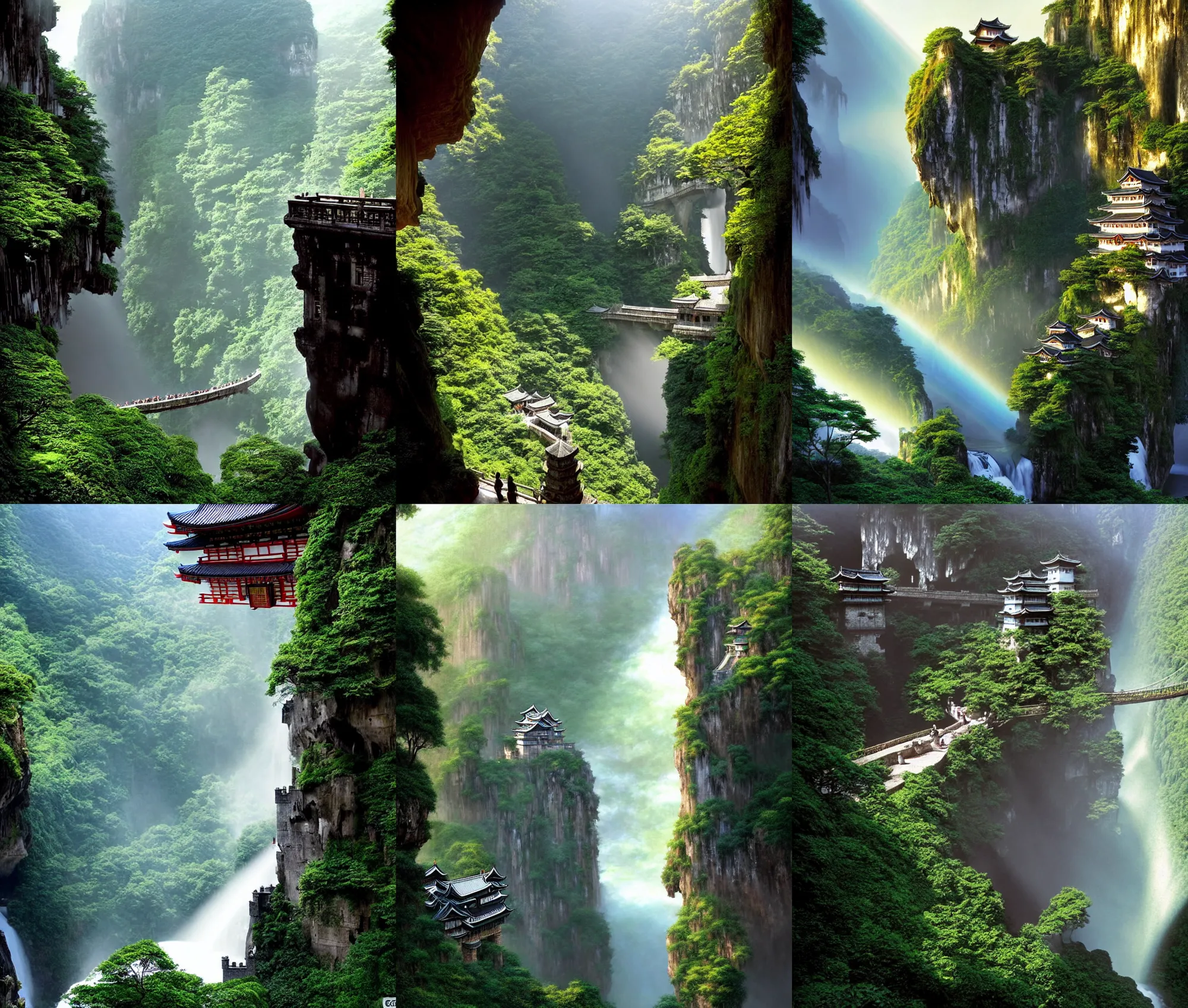 Prompt: establishing wide shot inside han son doong with waterfalls on either side of the cliff walls, at the top of the cliff is a japanese castle, a cloister is built into the cliff walls, an old suspension bridge spans the walls, sunny morning light, sunbeam, saturated colors, detailed fantasy movie still by greg rutkowski and gerald brom and james gurney