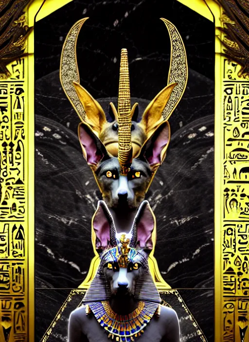 Image similar to sinister god anubis, growling jackal with egyptian headdress and nemes, ornate art nouveau marble throne room, black and silver palette, symmetrical background, fantasy, intricate, elegant, highly detailed, colorful, dark colors, dramatic shadow, digital painting, artstation, concept art, art by artgerm and greg rutkowski and ruan jia,