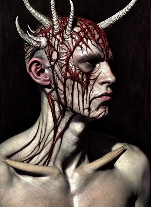 Image similar to half demon half human man intricate skin pattern texture, elegant, peaceful, playful full body, white horns, hyper realistic, extremely detailed, dnd character art portrait, dark fantasy art, intricate fantasy painting, dramatic lighting, vivid colors, deviant art, artstation, by edgar maxence and caravaggio and michael whelan and delacroix by h. r. giger