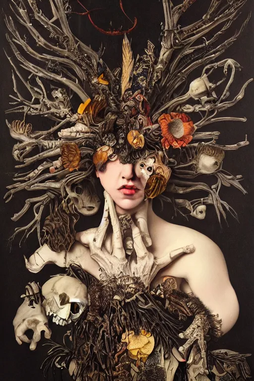 Image similar to Detailed maximalist portrait with large lips and with large white eyes, exasperated expression, extra fleshing limbs, botany bones, HD mixed media, 3D collage, highly detailed and intricate, surreal illustration in the style of Caravaggio, dark art, baroque