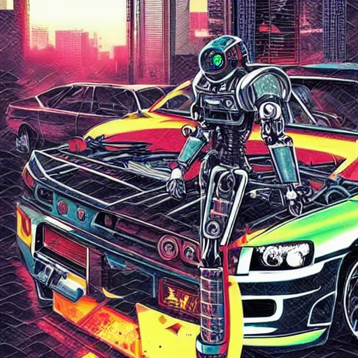 Image similar to beautiful hyper-detailed full colour manga illustration of an evil robot with a sword, slicing a Nissan skyline r34, cyberpunk, car wreck, neon