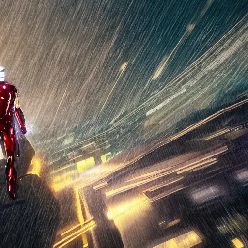 Image similar to a hyperdetailed photograph of iron man flying through the skies of a cyberpunk, futuristic city, night, dense fog, rain, hd, 8 k resolution