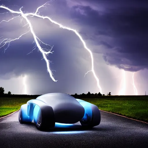 Prompt: futuristic flying car emerging from a circle of lightning in the sky, thunderstorm at night, 28mm dramatic photo