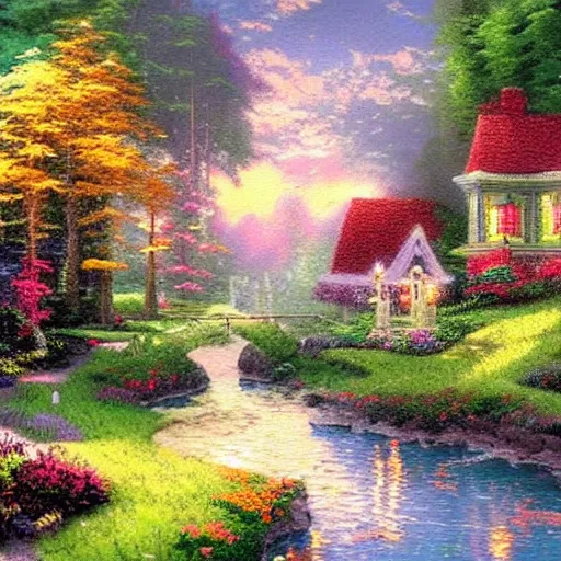 Prompt: a beautiful painting in the art style of thomas kinkade