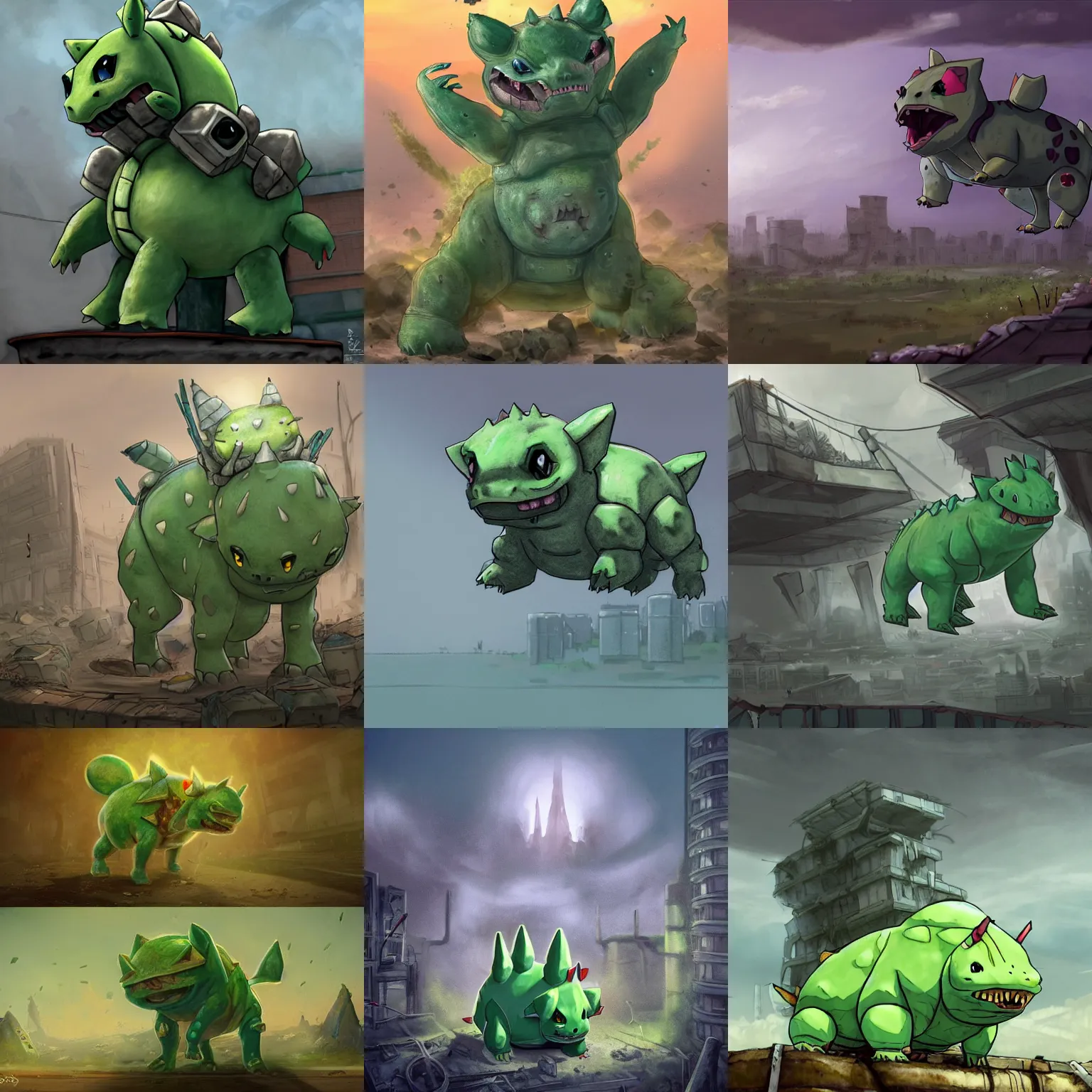 Prompt: high quality art of a giant Bulbasaur in an apocalyptic future, made of plates and armor, consisting of 4 limbs, climbing over a destroyed building in a hazy radioactive atmosphere, roaring with an epic pose into the air as the building crumbles under the weight. furaffinity, deviantart, artstation, high quality