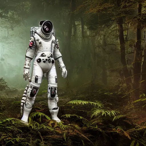 Image similar to portrait photography of a white diesel punk futuristic space suit armor, in an alien forest planet, ultra detail, high detail, 8 k, octane render, in the style of jim burns and gregrutkowski