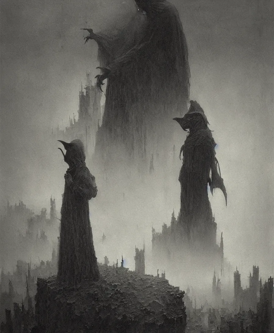 Image similar to plague doctor from iron gridle but human form, destroyed city and flames by zdzislaw beksinski