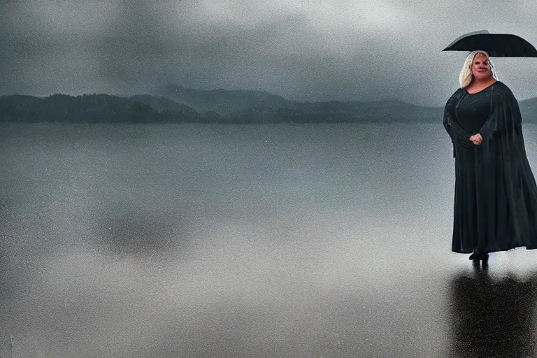 Prompt: a cinematic painting of gemma collins stood near a lake on a rainy day, beautiful lighting, high depth, ultra realistic, artistic, by annie leibovitz