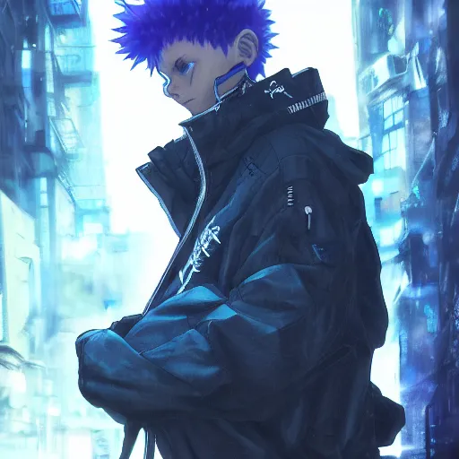 Image similar to killua zoldyck, edgy streetwear, techwear, cyberpunk style outfit, scifi, blue side lighting, detailed portrait, intricate complexity, by greg rutkowski, ross tran, conrad roset, takato yomamoto, ilya kuvshinov. 4 k, beautiful, aesthetic octane render, cinematic dramatic atmosphere