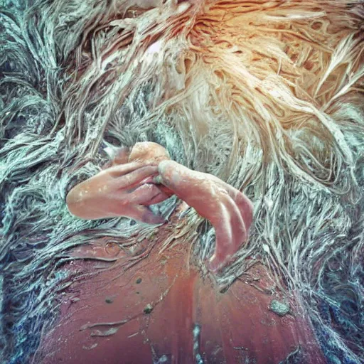 Image similar to closeup of beautiful human bodies intertwined, bodies blooming, 3 d fractals, mandelbulb, dripping wet, skin, macro photography, anamorphic bokeh, long exposure, highly detailed, hyperrealism, cinematic