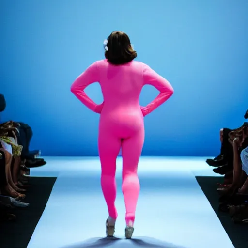 Image similar to cinematic shot of george bush wearing a pink unitard walking down a runway at a fashion show, 8 k, very detailed, very intricate,