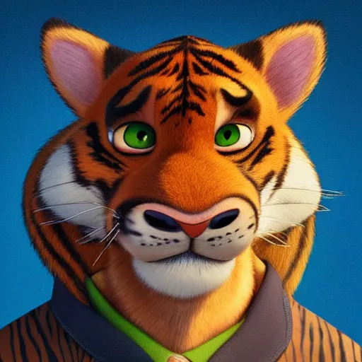 Prompt: “portrait of tiger in the style of the movie zootopia holding a laser gun, 4k, digital art, award winning”