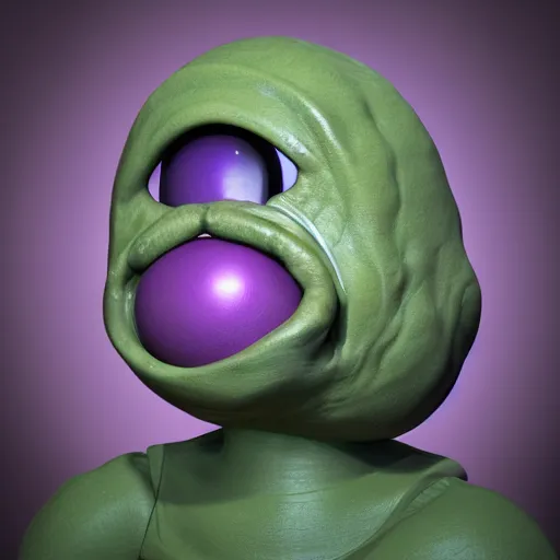 Image similar to photo of a clay model of character with large spherical purple head and humongous eyes and spindly limbs with face close to the camera, fish eye lens, 4 k, hyper realistic, hyper detailed face, octane render