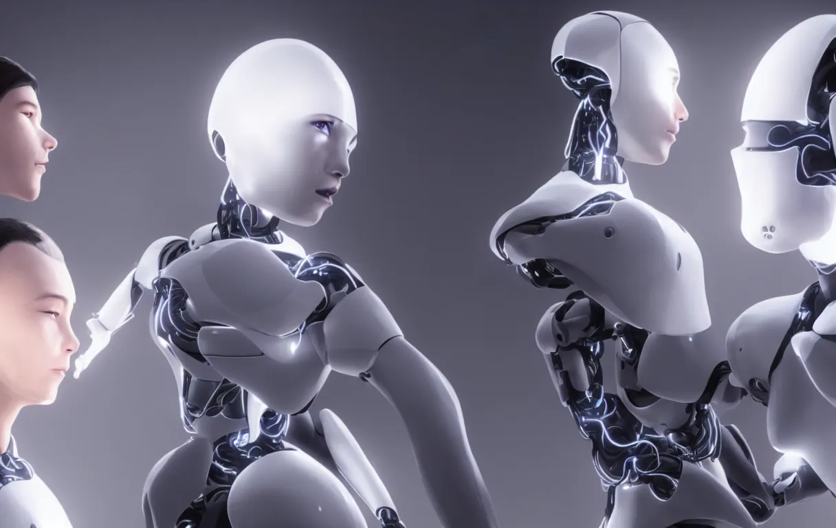 Image similar to a concept art of two ai androids facing each other while their eyes are closed unreal engine 5 render