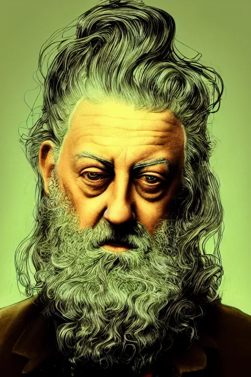 Image similar to a close-up portrait of Alan Moore, dramatic backlighting, golden hour, autochrome, high contrast, highly detailed, sharp focus, digital painting, concept art, illustration, rock, chiaroscuro, trending on artstation, art by lou romano, dice tsutsumi, Steven Stahlberg