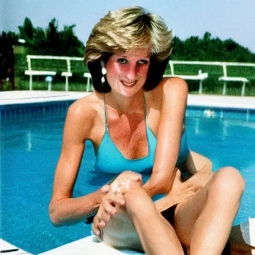 Prompt: found polaroid photo of princess diana laying out by the pool