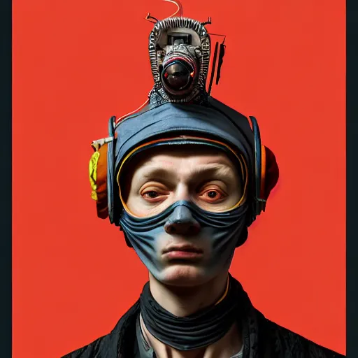 Image similar to Colour Caravaggio style Photography of Highly detailed brutal Gopnik with 1000 years perfect face and wearing detailed Ukrainian folk costume designed by Taras Shevchenko also wearing highly detailed retrofuturistic sci-fi Neural interface designed by Josan Gonzalez. Many details In style of Josan Gonzalez and Mike Winkelmann and andgreg rutkowski and alphonse muchaand and Caspar David Friedrich and Stephen Hickman and James Gurney and Hiromasa Ogura. Rendered in Blender and Octane Render volumetric natural light