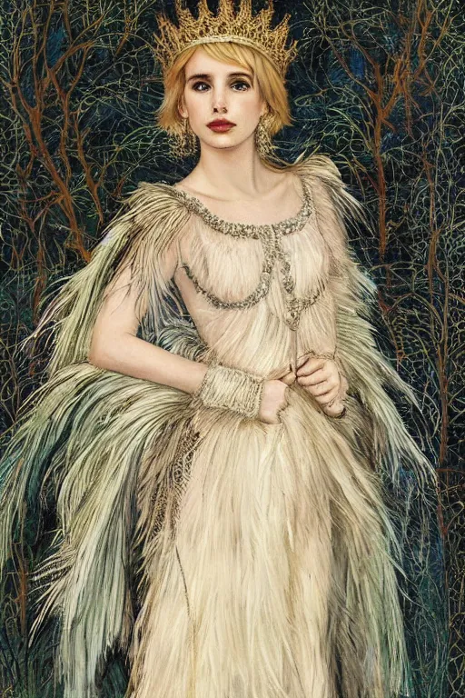 Image similar to blonde emma roberts as a queen of feathers, goddess of the wild, silk dress by rosetti and alan lee