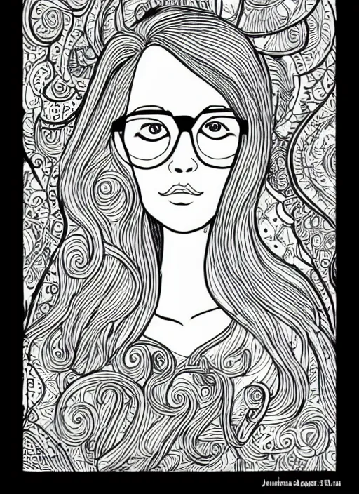 Prompt: clean line art of a woman with light brown hair and glasses reading books. well composed, clean coloring book page, beautiful detailed face. coloring book line art by johanna basford