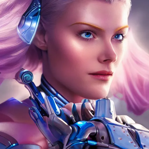 Image similar to high detailed close up of, energetic female cyborg Disney princess Aurora, wearing futuristic cybernetic battle armor, balance composition, dramatic lighting, 8k, painted by Alex Ross