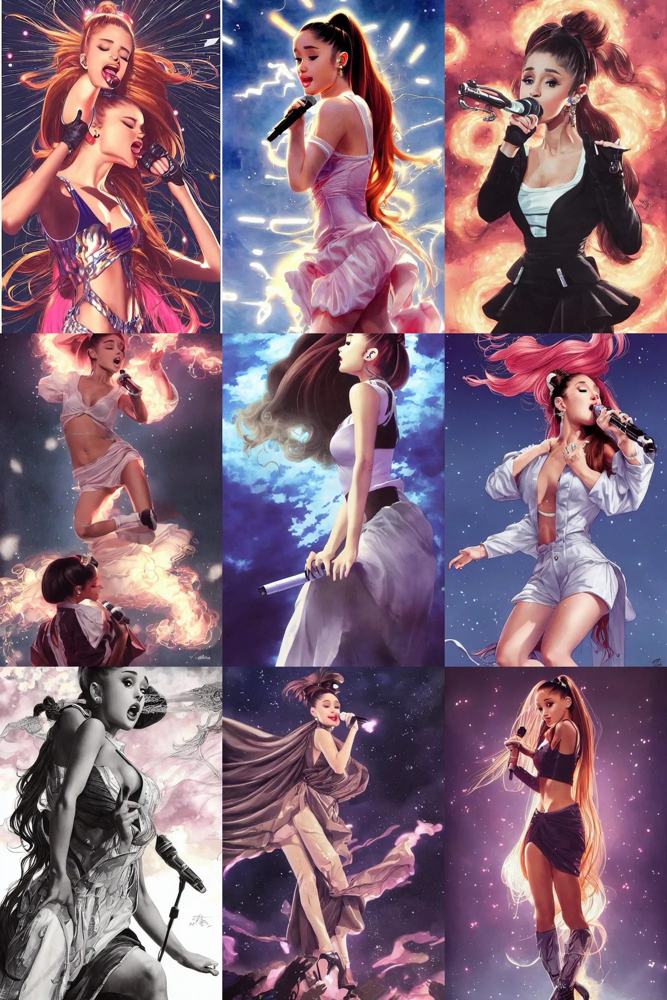 Prompt: Ariana Grande singing with flares shooting up behind her on a massive live music stage, manga, highly detailed, beauty, art by Takehiko Inoue, Artgerm, intricate, elegant, J. C. Leyendecker