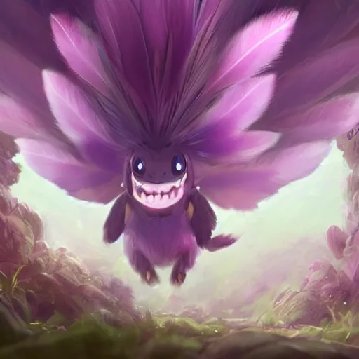 Image similar to a cute beautiful plant type pokemon with happy cute smile, purple feathers grow out of his hair, full body portrait, highly detailed digital art, 3 d perspective, award - winning illustration, aesthetic, smooth, pokemon style, made by greg rutkowski, with an alien landscape in the background