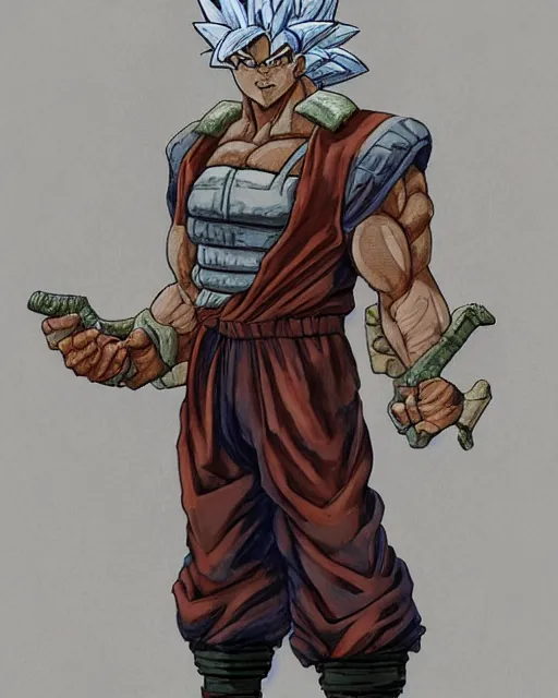 Prompt: a oil / watercolor painting full body character portrait of an old saiyan mercenary in the style of moebius in the style of leonard boyarsky trending on artstation deviantart pinterest detailed photorealistic highlights and shadow hd 8 k post - processing high resolution