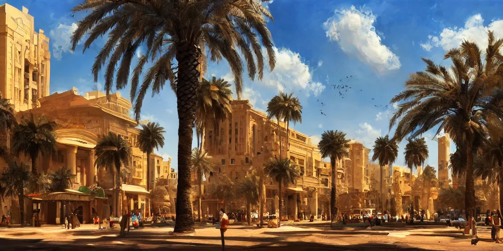 Image similar to khedival opera house, talaat Harb Square cairo, epic wide shot, beautiful clouds, painterly concept art by pixar, dappled afternoon sunlight, acacia trees, date palm trees, shrubs, flowers, artstation