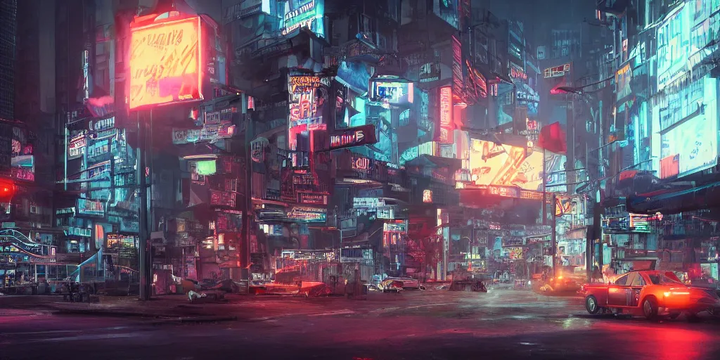 Image similar to a 3 d rendered in unreal engine guatemalan cyberpunk city with neon ads and signs with evocative dramatic mood with blade runner vibe with cars with motion blur with depth of field with bloom with lightshaft with volumetric lights, fog, by scott robertson, oscar winning graphics, photo realistic, bloom, imax, dynamic lighting, artstation,