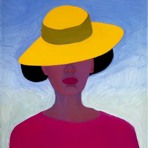 Prompt: woman with hat, by Alex Katz, colorful, oil on canvas