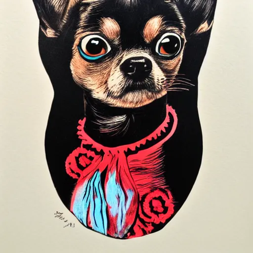 Prompt: girl with a chihuahua with a boa around its neck, silk screen print, hand painted