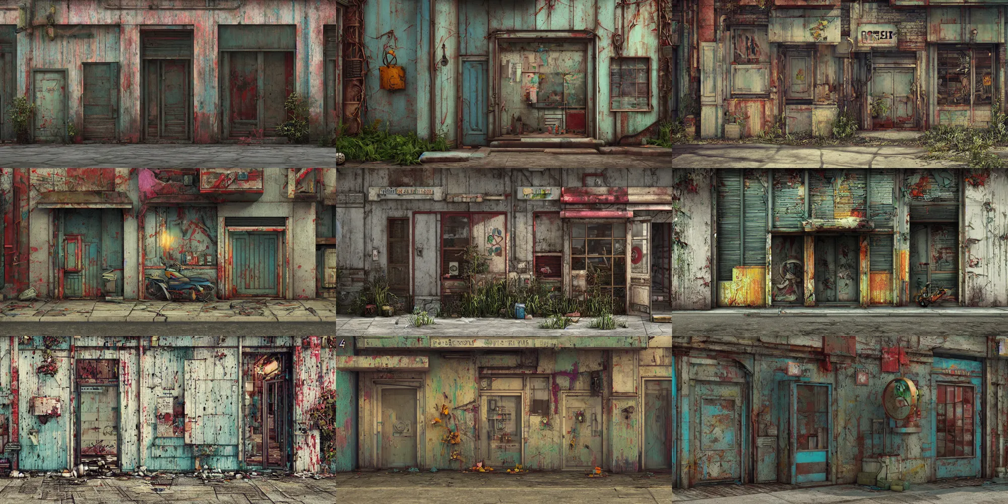 Prompt: shuttered shop with, colorful details, painted metal, weathered, overgrown, sci-fi, octane render, concept art, trending on artstation, H- 512