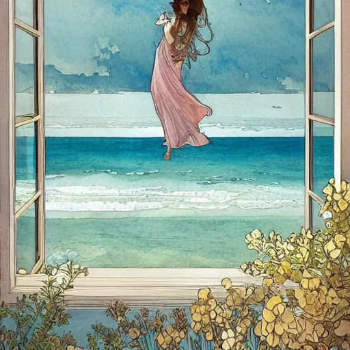 Prompt: a beautiful intricate watercolor illustration of a beach landscape view from a window, 4 k, ultra - wide angle, by william turner, by victo ngai, by alphonse mucha, by miho hirano, hd, trending on artstation, hyper detailed, muted colors