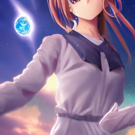Prompt: An anime girl holding and terraforming a planet on her hands, wide-shot, high detail, 4k, digital art, artstation, 8k, very detailed