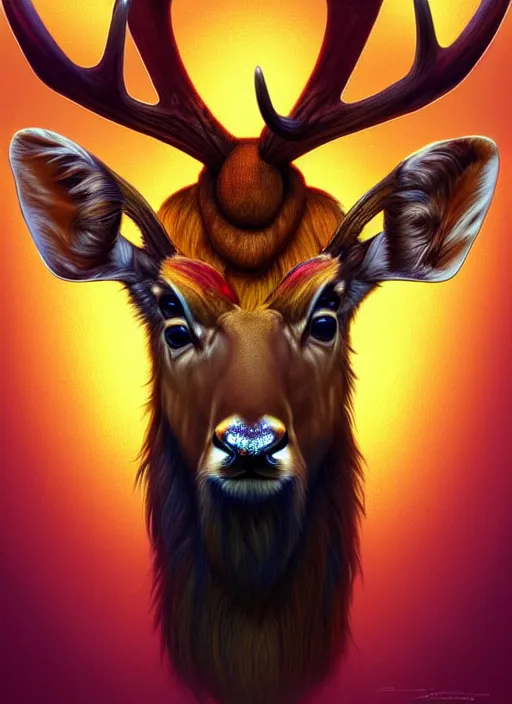 Image similar to symmetry!! portrait of antlered deer wearing a colorful beanie!, gold piercings, intricate, elegant, highly detailed, digital painting, artstation, concept art, smooth, sharp focus, illustration, art by artgerm and greg rutkowski and alphonse mucha, 8 k