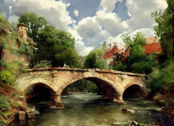 Image similar to watercolor of rustic stone bridge with mural, ivy, summer daylight, bright clear day, clouds, high detailed art by dennis miller bunker, work by anders zorn, wonderful masterpiece by greg rutkowski, beautiful cinematic light, american romanticism by greg manchess, creation by tyler edlin