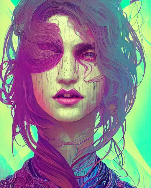 Image similar to glitch art close up portrait vampire, glitches, vaporwave, highly detailed, very intricate, art nouveau pixelated, neon glitch, chromatic aberration, harsh lighting, award - winning, concept art illustration by mandy jurgens and alphonse mucha and alena aenami, glitch color palette, featured on artstation