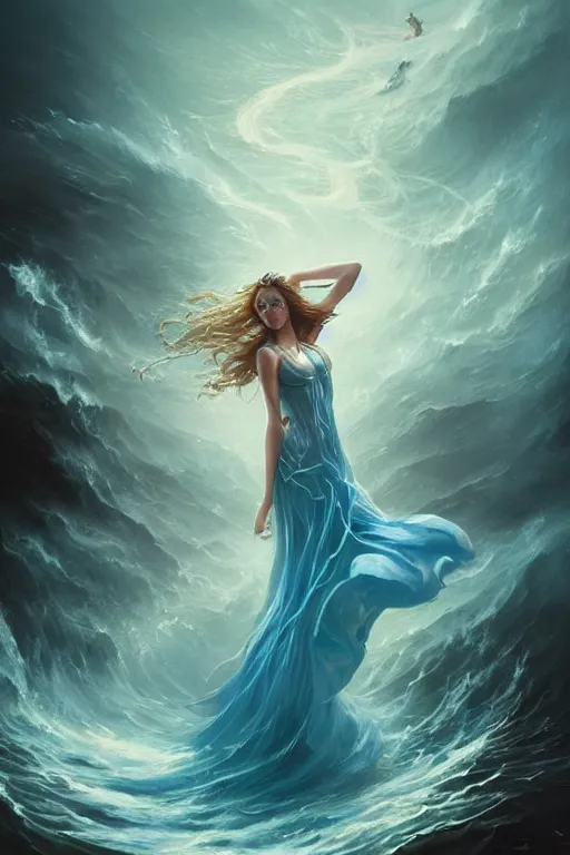 Image similar to beautiful powerful water goddess clothed in a flowing blue gown strides through a stormy sea, detailed matte fantasy portrait, dynamic lighting, bokeh backdrop, by greg rutkowski, by peter mohrbacher, by brom