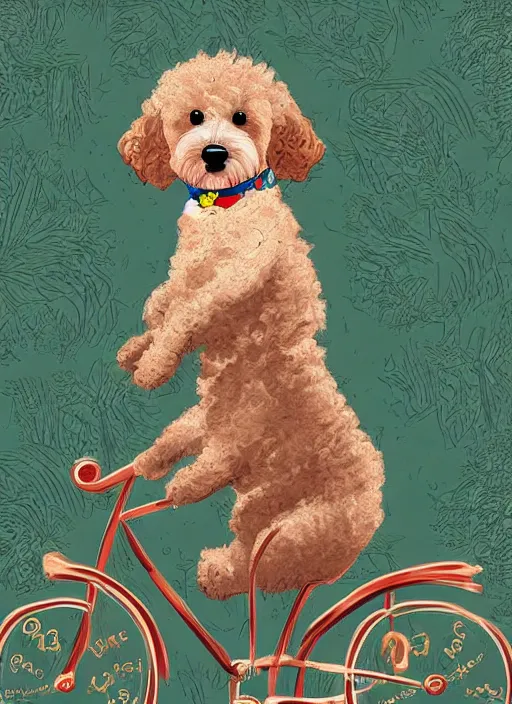 Prompt: digital art, golden doodle puppy, riding a pelaton, cute, artistic