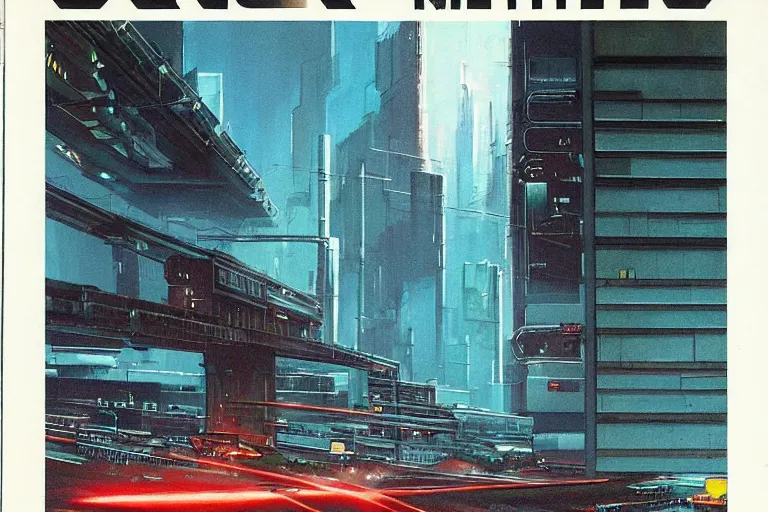 Image similar to 1 9 7 9 omni magazine cover of train bridge going through buildings in cyberpunk style by vincent di fate