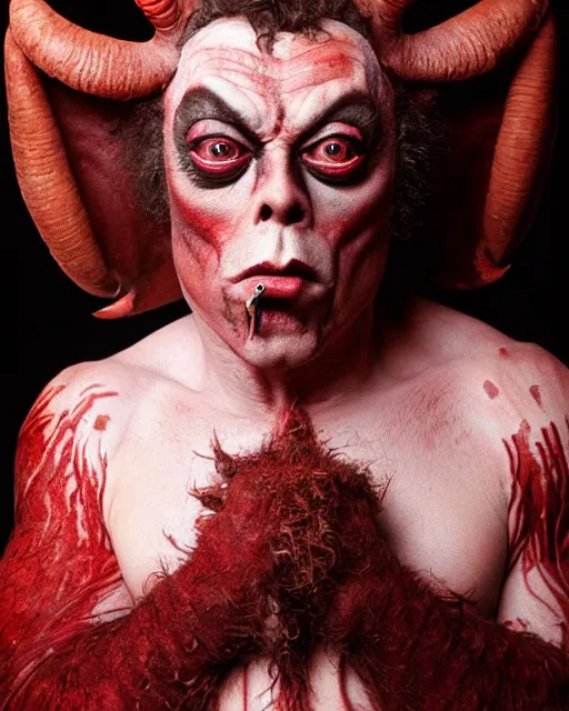 Prompt: tim curry in full makeup as darkness, the goat legged water buffalo horned red devil in ridley scott's movie legend. studio lighting, photoshoot in the style of annie leibovitz, atmospheric smoke