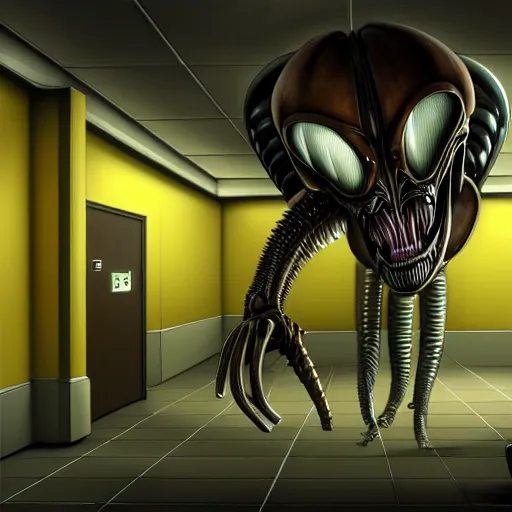 Image similar to detailed realistic xenomorph in an endless empty office building, pale yellow walls, moist brown carpet, defective fluorescent lighting, artstation, ultra detailed, creepy, photorealistic, nostalgia