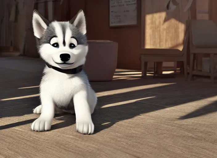 Prompt: a puppy husky, houdini, sidefx, blender, unreal engine 5, 3 d render, smooth, cinematic, octane rendered, hyperdetailed, cinematic, art style by pixar dreamworks disney