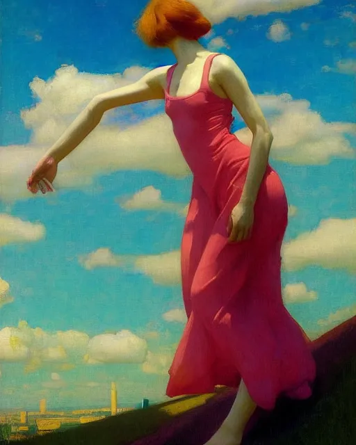 Prompt: a beautiful girl floating in colourful clouds, painted by edgar maxence, edward hopper, wayne barlowe, painted by james gilleard and james jean. 8 k realistic, hyperdetailed, beautiful lighting, detailed background, depth of field,