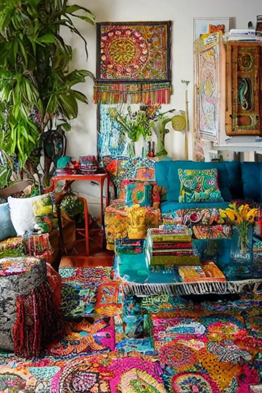 Prompt: Eclectic bohemian Some designers describe the eclectic style as a more “grown-up” version of bohemian. Both styles are “collections” of furniture and accessories of various designs and time periods. But eclectic style is more cohesive, more balanced, and more intentional. Methodically Mismatched vs. Thrown Together.