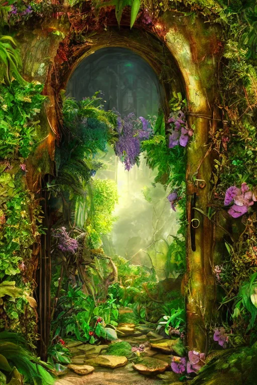 Image similar to photograph of a secret garden through a doorway, nature, lush, greenery, fantasy, fantasy aesthetic, fantasy vibe, colorful, faded effect, artstation, trending, detailed, small details, scenery,